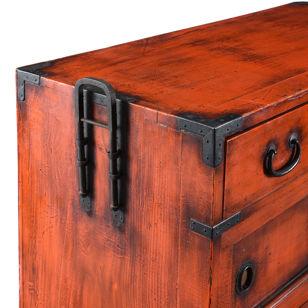 Handle Detail From Orange Painted Japanese Choba Dansu - Taishō Period | Indigo Antiques