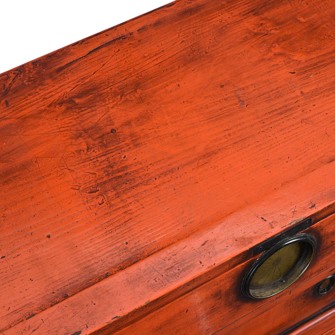 Surface of Orange Painted Japanese Choba Dansu - Taishō Period | Indigo Antiques