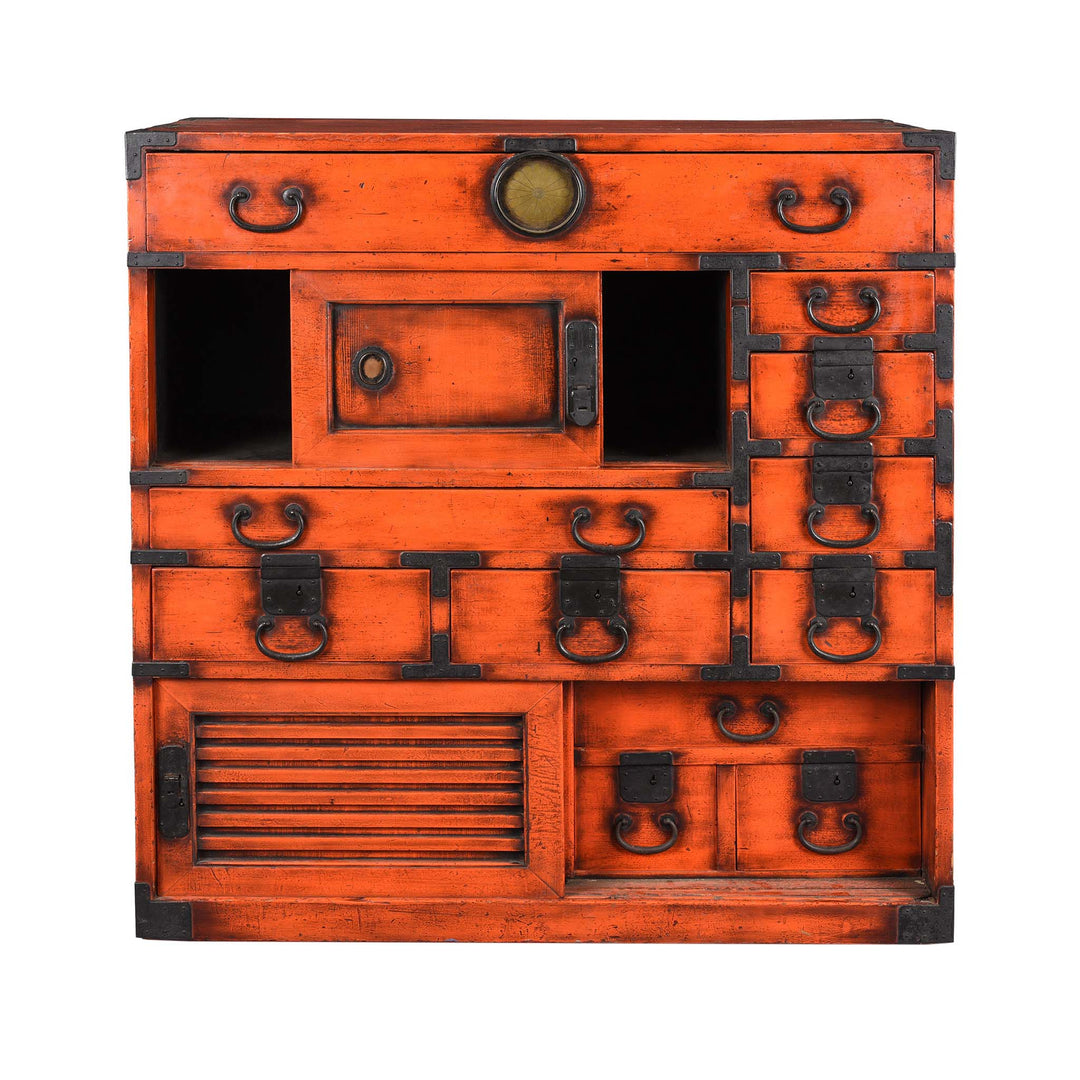 Open Drawers View Of Orange Painted Japanese Choba Dansu - Taishō Period | Indigo Antiques