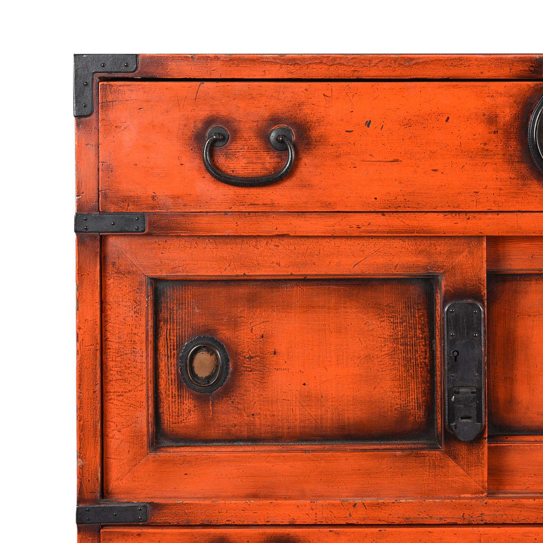 Corner Detail From Orange Painted Japanese Choba Dansu - Taishō Period | Indigo Antiques