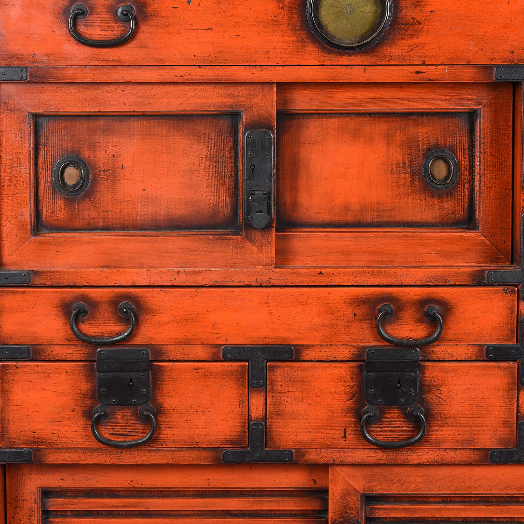 Drawers Detail From Orange Painted Japanese Choba Dansu - Taishō Period | Indigo Antiques