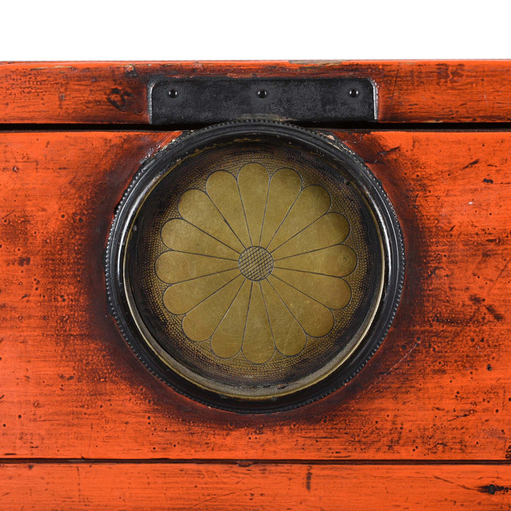 Brass Lockplate Detail From Orange Painted Japanese Choba Dansu - Taishō Period | Indigo Antiques