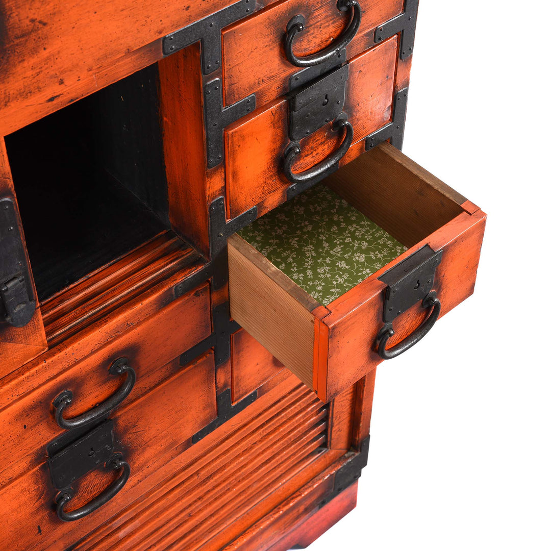 Drawer Detail From Orange Painted Japanese Choba Dansu - Taishō Period | Indigo Antiques