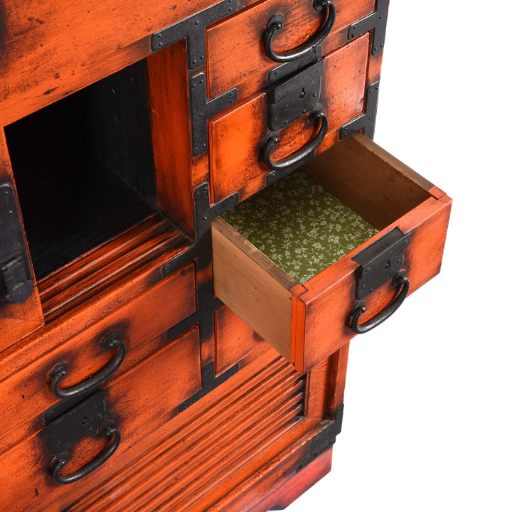 Drawer Detail From Orange Painted Japanese Choba Dansu - Taishō Period | Indigo Antiques