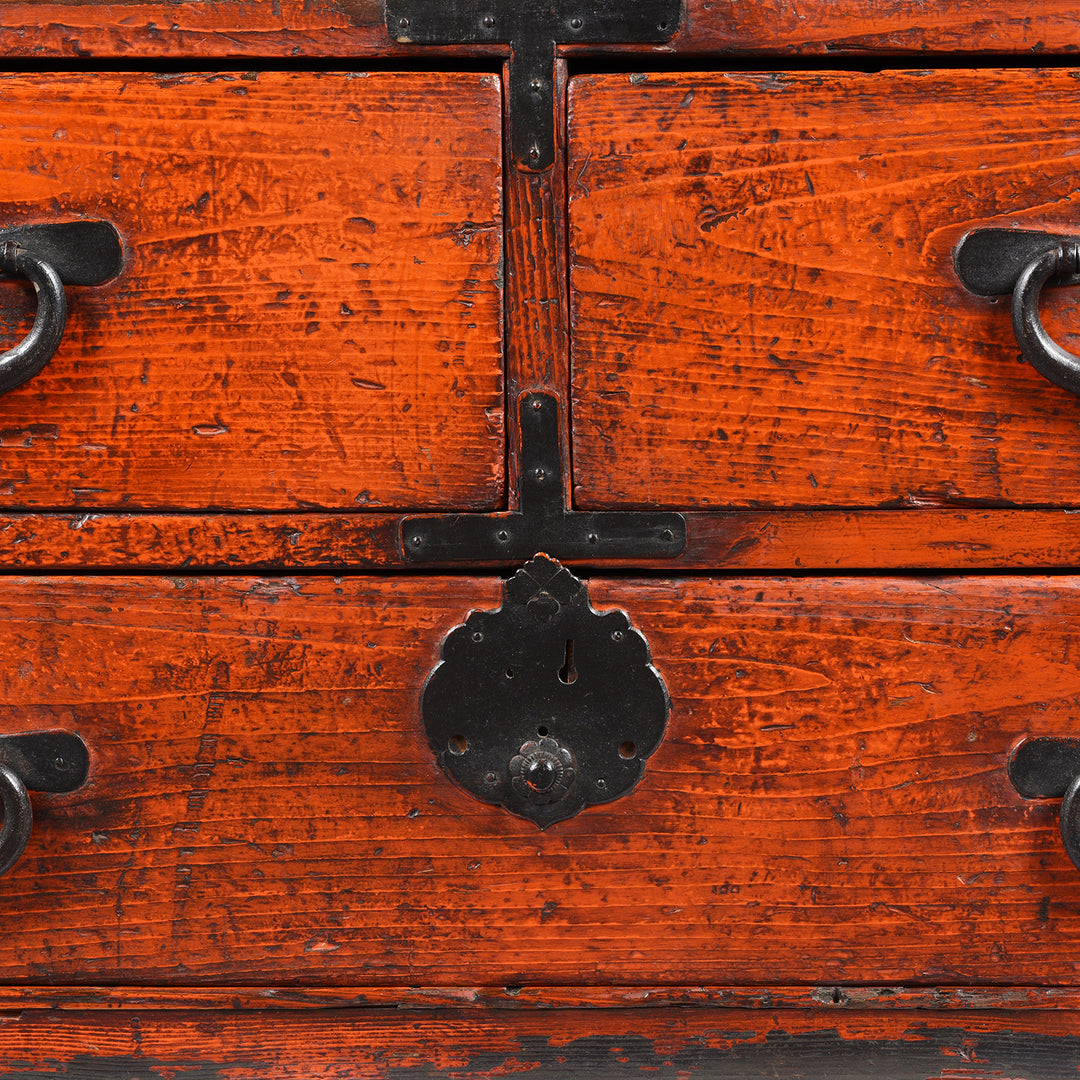 Detail From Red Painted Low 3 Drawer Dansu From Japan - Taishō Period | Indigo Antiques