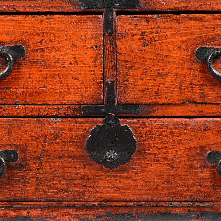 Detail From Red Painted Low 3 Drawer Dansu From Japan - Taishō Period | Indigo Antiques