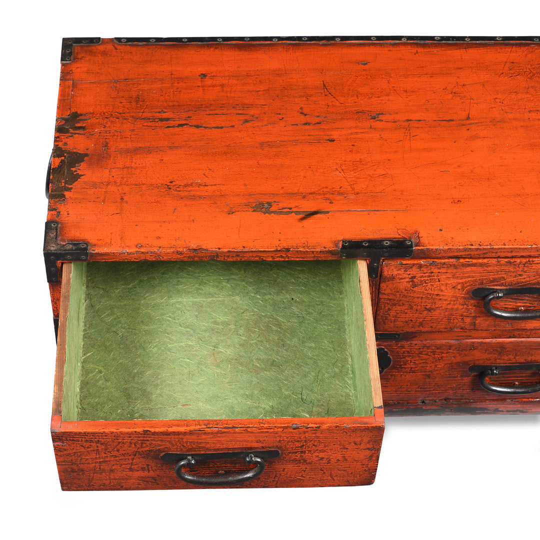 Drawer Interior Detail From Red Painted Low 3 Drawer Dansu From Japan - Taishō Period | Indigo Antiques