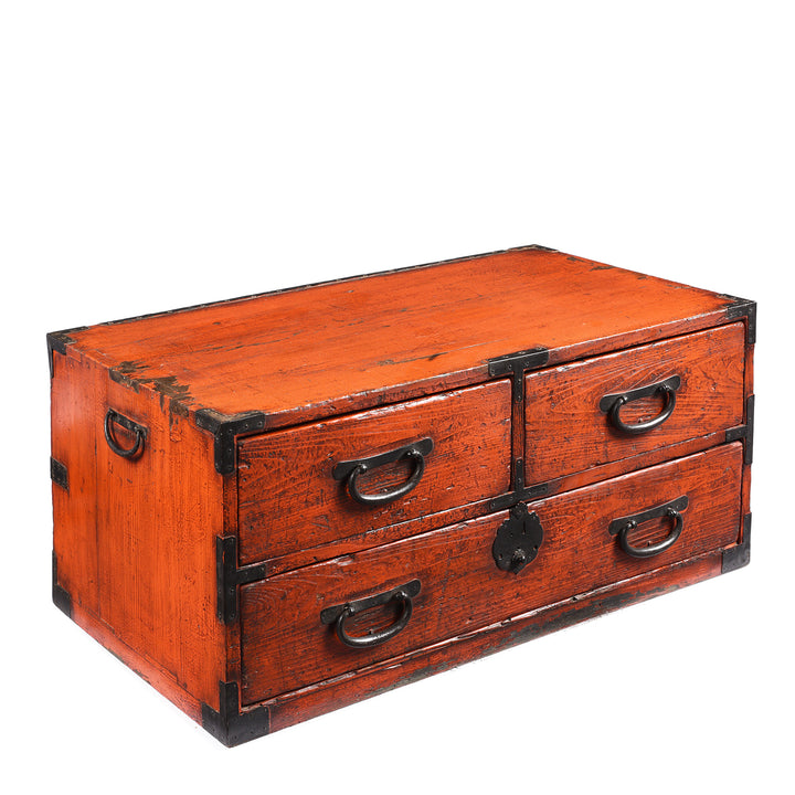 Angled View Of Red Painted Low 3 Drawer Dansu From Japan - Taishō Period | Indigo Antiques
