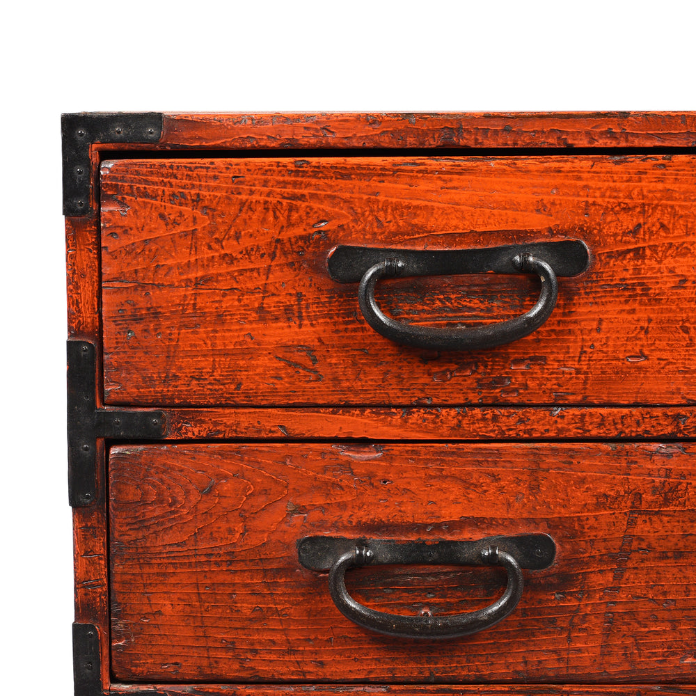 Corner Detail From Red Painted Low 3 Drawer Dansu From Japan - Taishō Period | Indigo Antiques