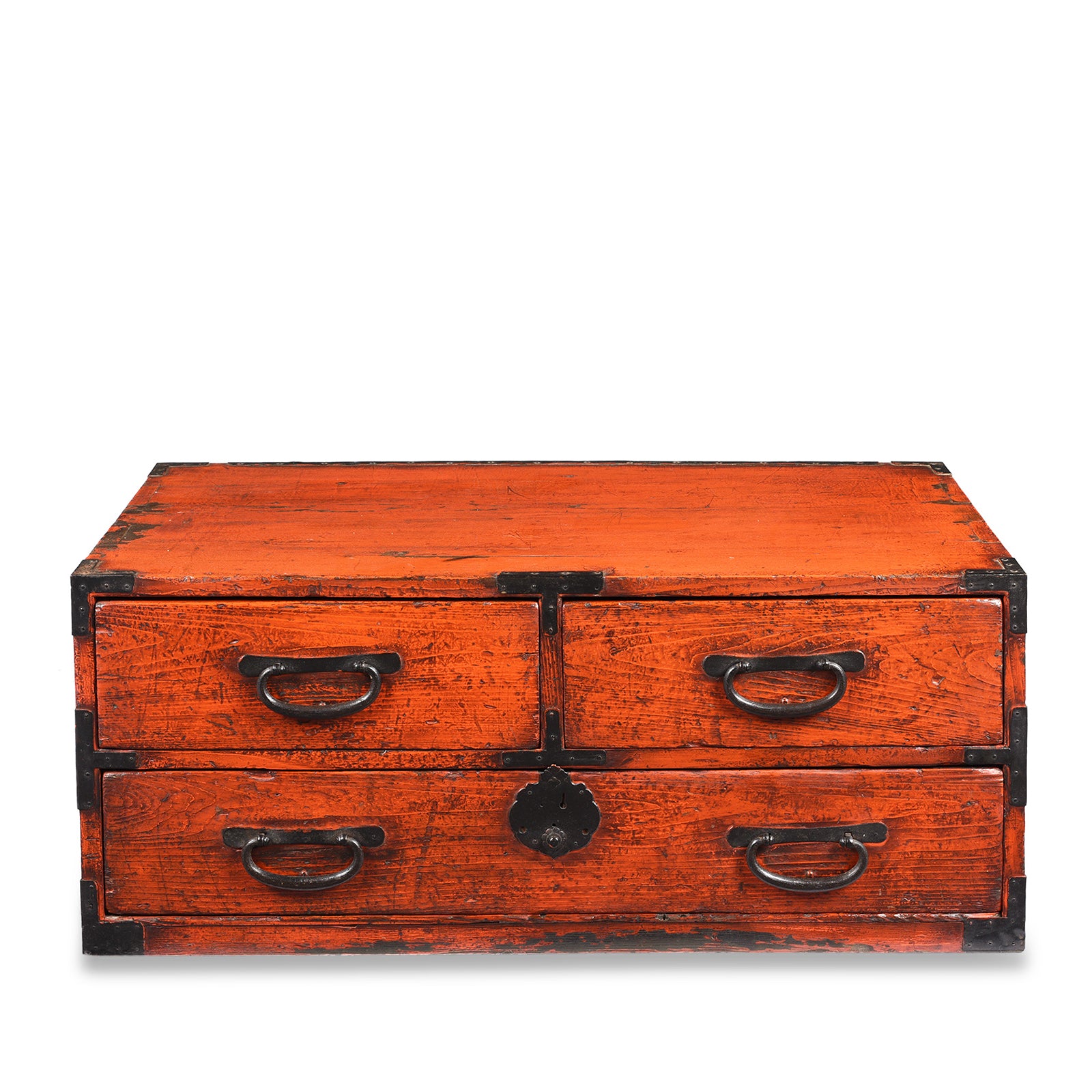 Red Painted Low 3 Drawer Dansu From Japan - Taishō Period | Indigo Antiques
