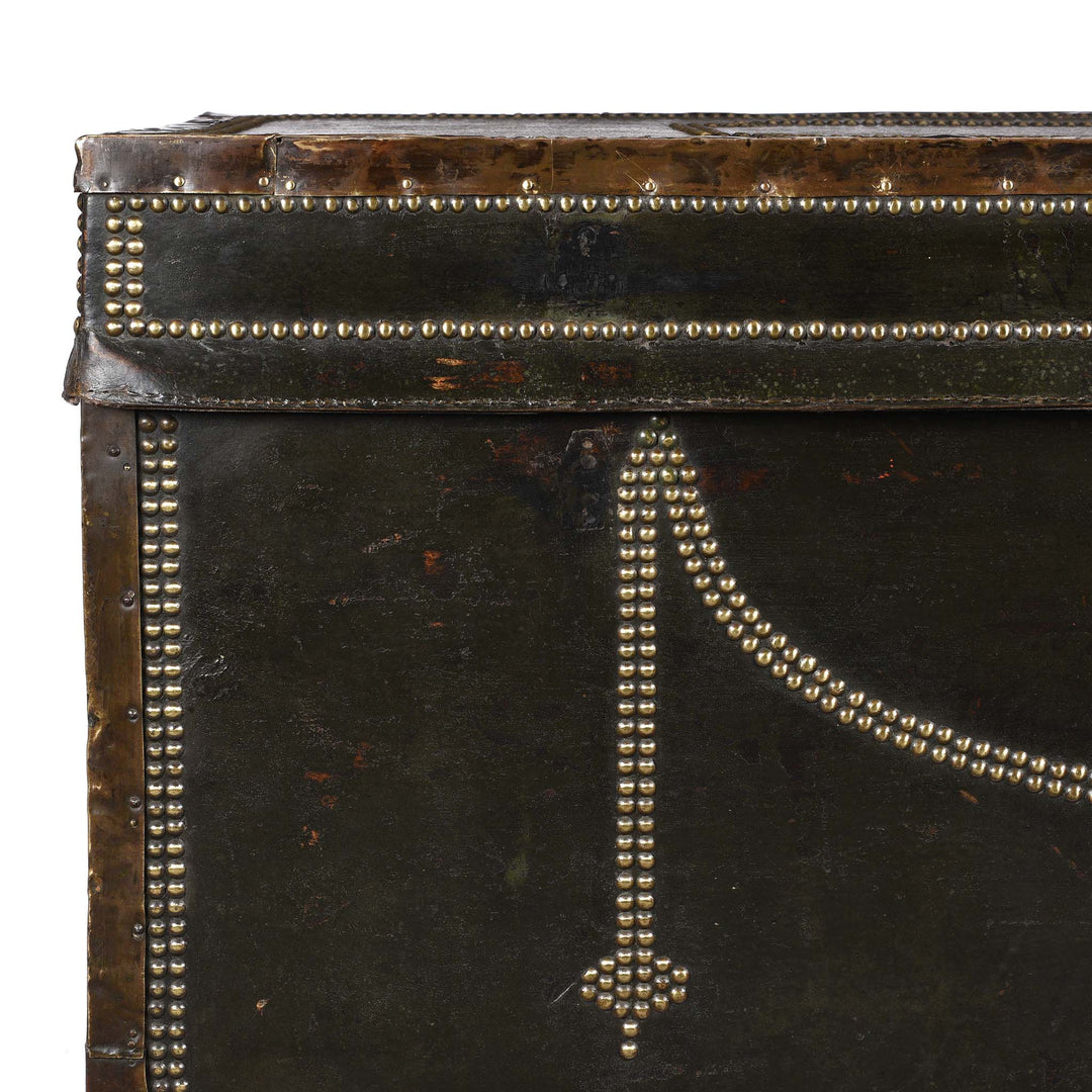 Corner Detail From Painted Leather Camphor Trunk - Early 19thC | INDIGO ANTIQUES