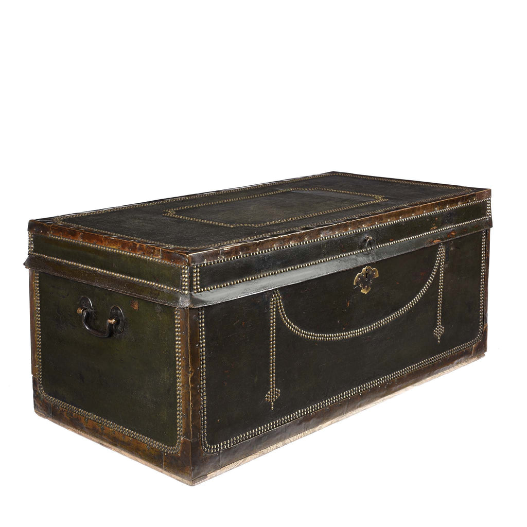 Dark Green Leather Camphor Trunk - Early 19thC