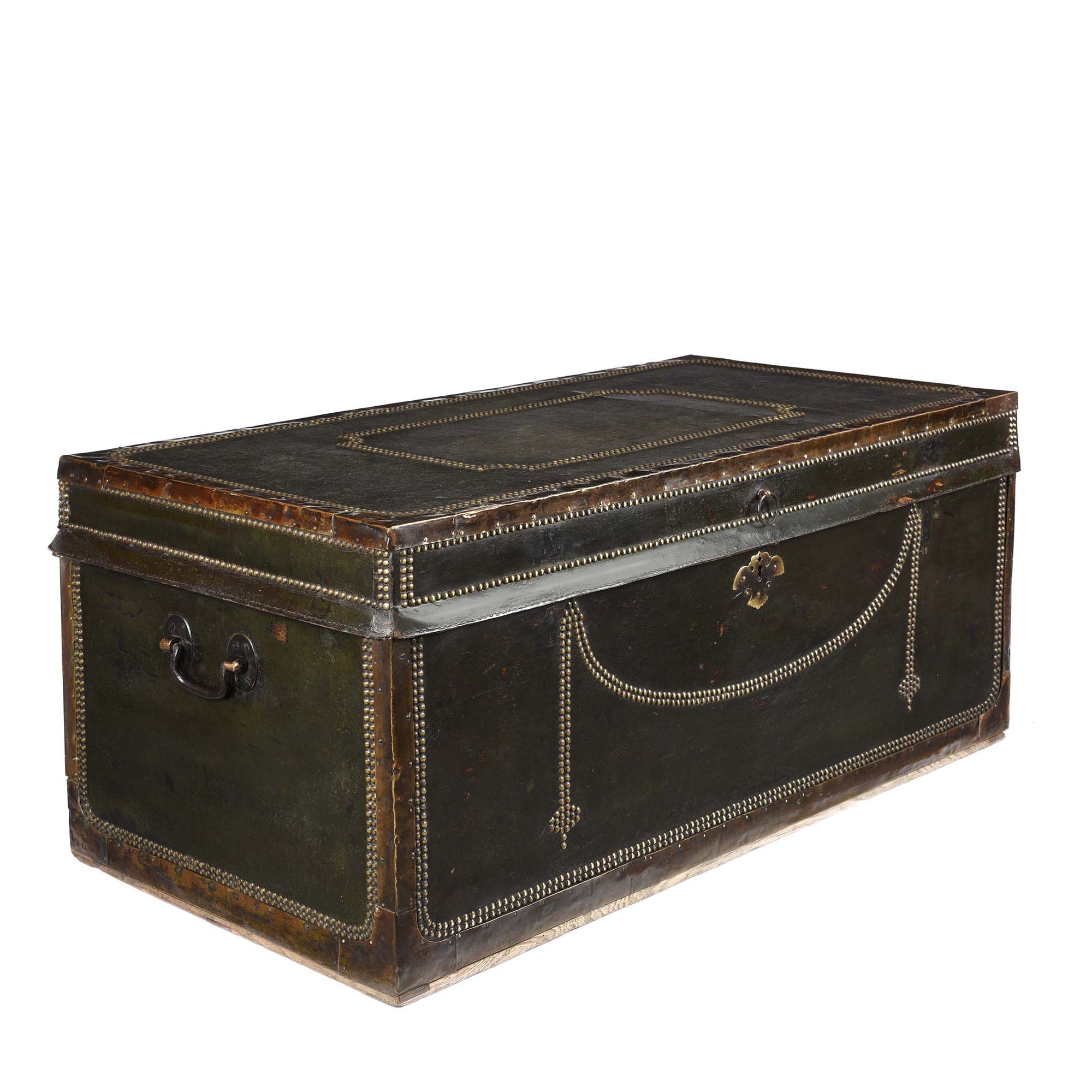Angled View Of Painted Leather Camphor Trunk - Early 19thC | INDIGO ANTIQUES