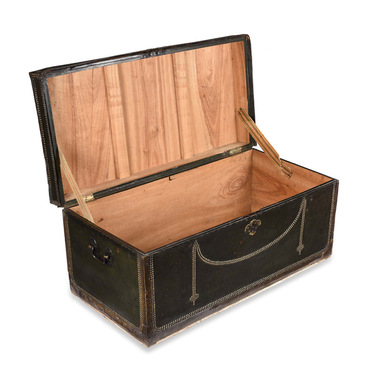 Open Lid View Of Painted Leather Camphor Trunk - Early 19thC | INDIGO ANTIQUES