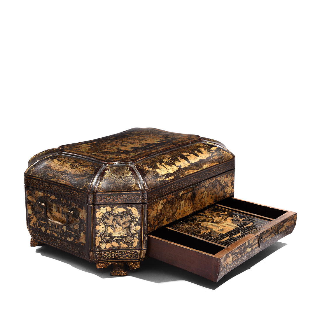 Angled View Chinoiserie Lacquer Sewing Box - Qing Dynasty Early 19thC | Indigo Antiques