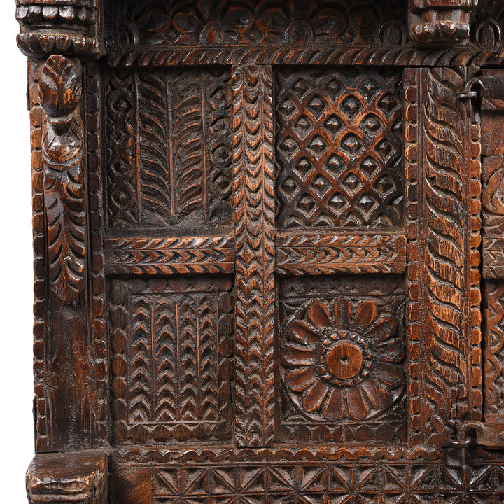 Carving Detail From Carved Antique Teak Indian Dowry Chest Manjus - 19thC | Indigo Antiques