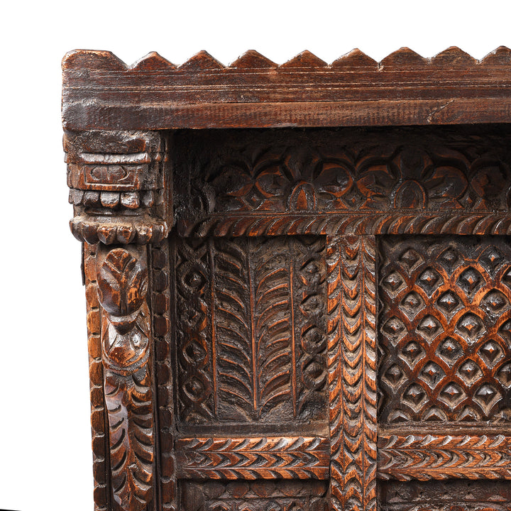 Corner Detail From Carved Antique Teak Indian Dowry Chest Manjus - 19thC | Indigo Antiques
