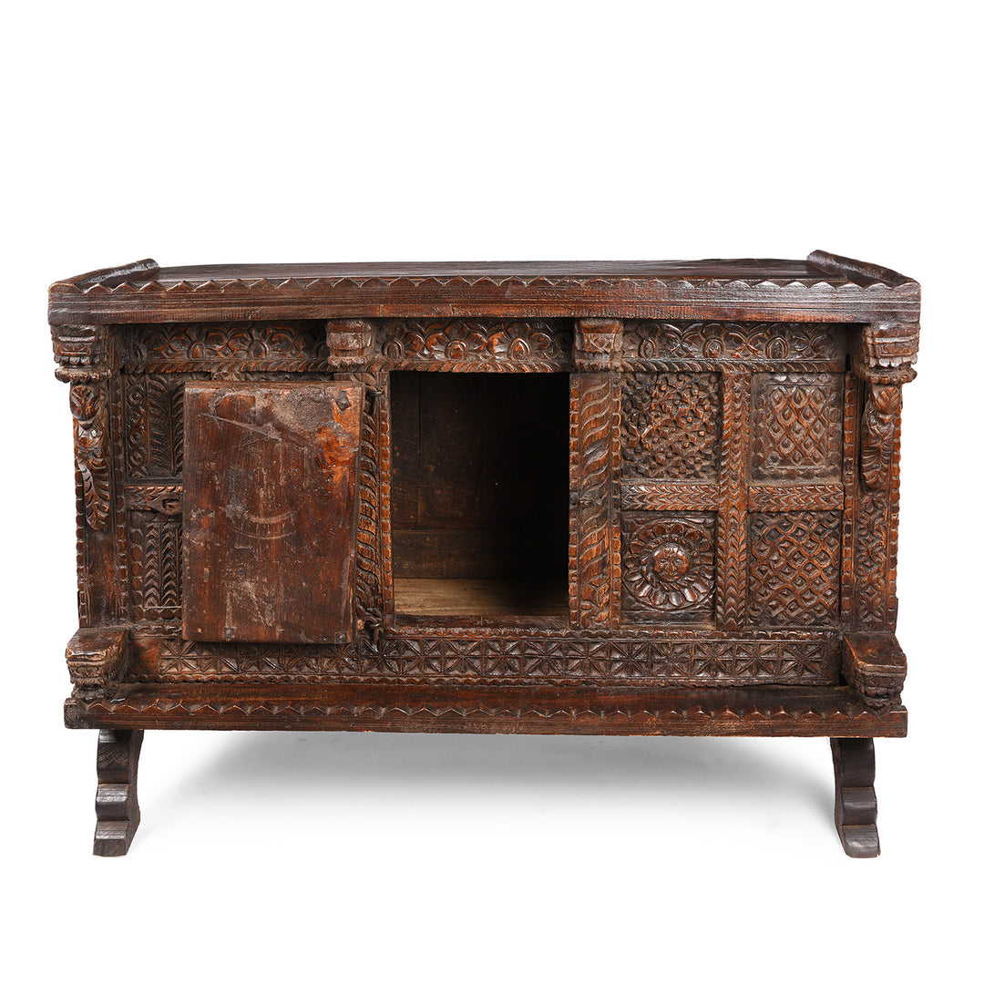 Open Door View Of Carved Antique Teak Indian Dowry Chest Manjus - 19thC | Indigo Antiques