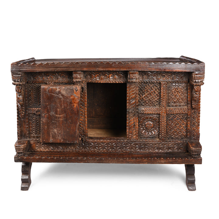 Open Door View Of Carved Antique Teak Indian Dowry Chest Manjus - 19thC | Indigo Antiques