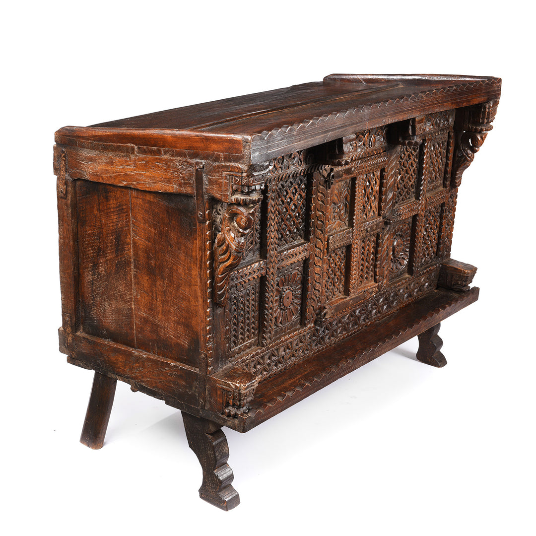 Angled View Of Carved Antique Teak Indian Dowry Chest Manjus - 19thC | Indigo Antiques