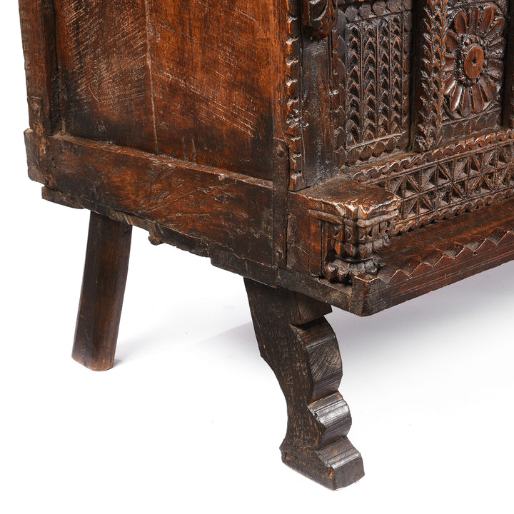 Leg Detail From Carved Antique Teak Indian Dowry Chest Manjus - 19thC | Indigo Antiques