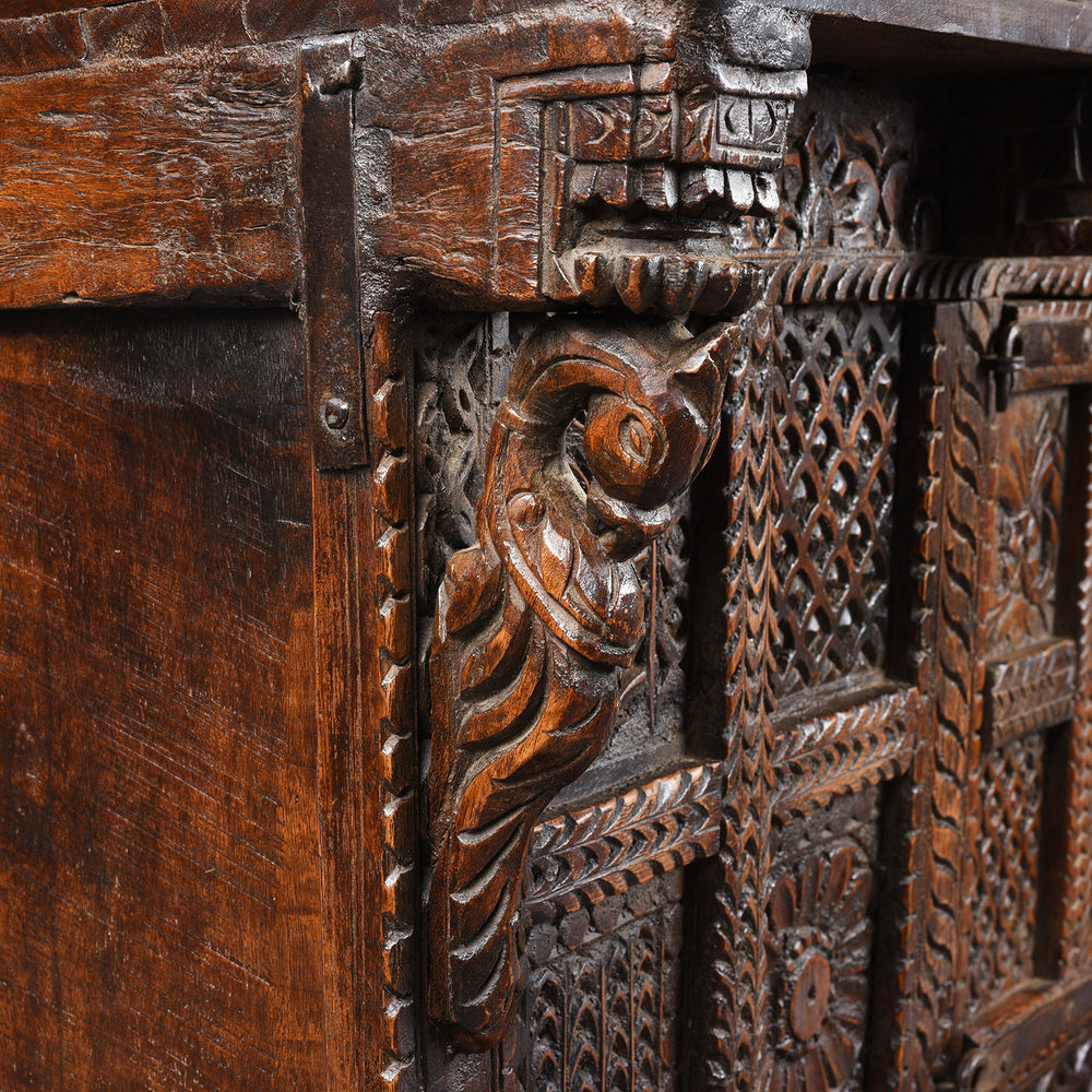 Parrot Detail From Carved Antique Teak Indian Dowry Chest Manjus - 19thC | Indigo Antiques