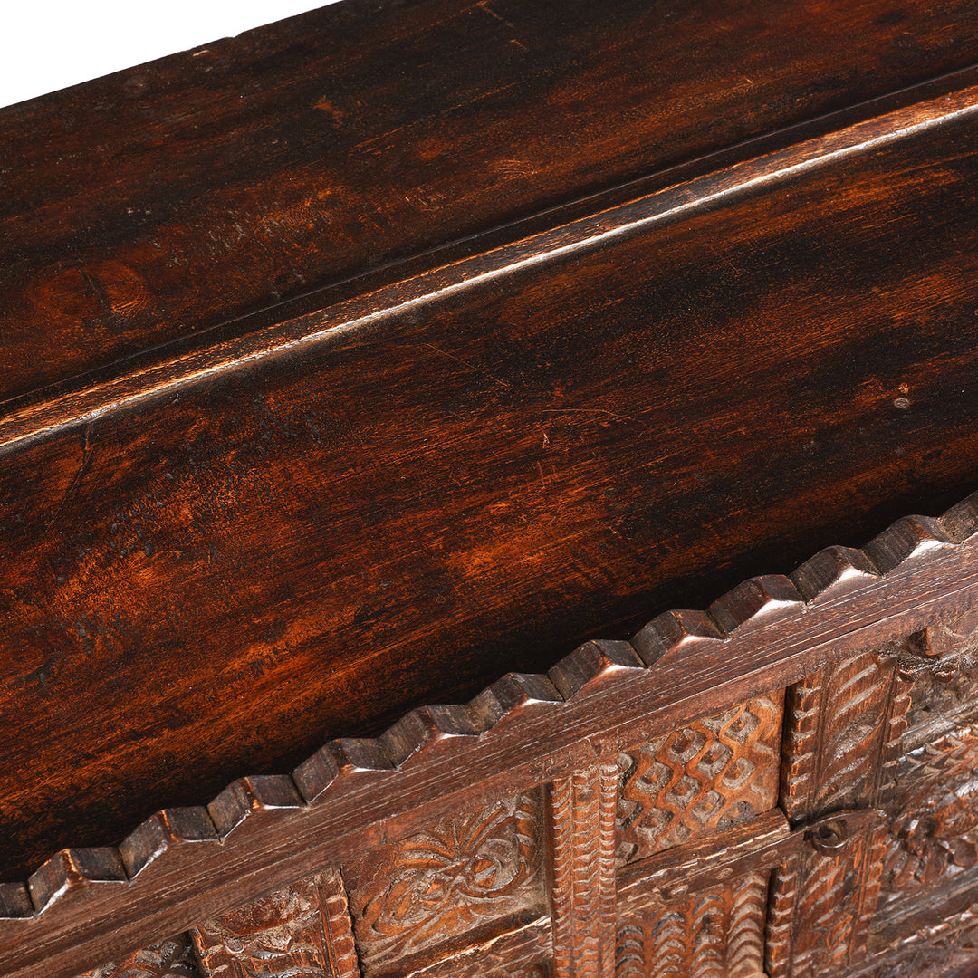 Surface Top Detail From Carved Antique Teak Indian Dowry Chest Manjus - 19thC | Indigo Antiques