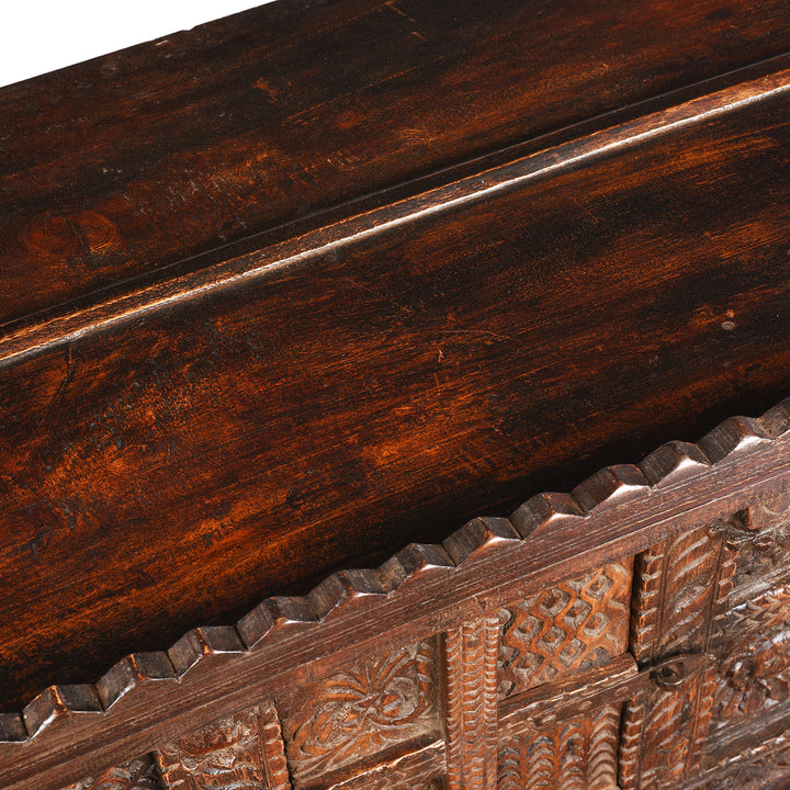 Surface Top Detail From Carved Antique Teak Indian Dowry Chest Manjus - 19thC | Indigo Antiques