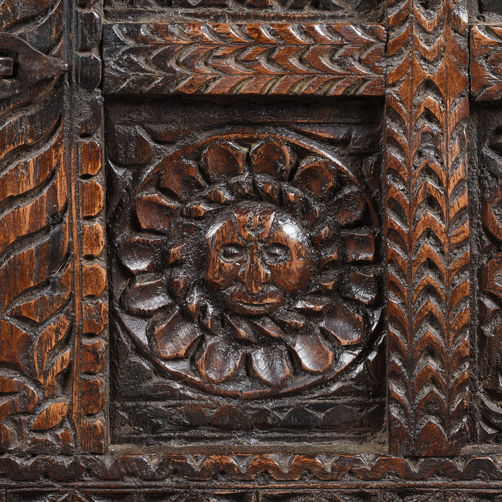 Face Detail From Carved Antique Teak Indian Dowry Chest Manjus - 19thC | Indigo Antiques