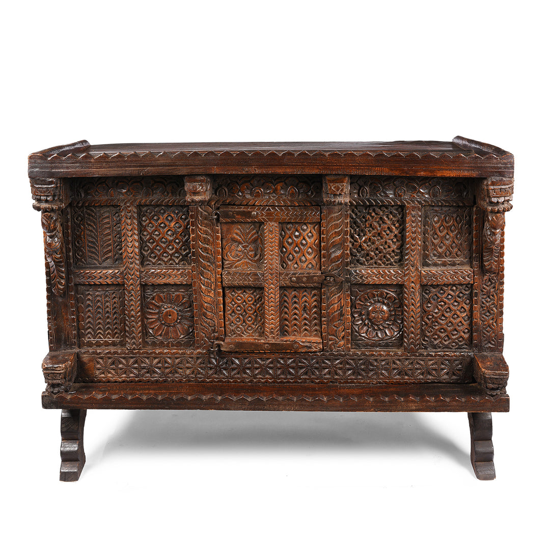 Carved Antique Teak Indian Dowry Chest Manjus - 19thC | Indigo Antiques