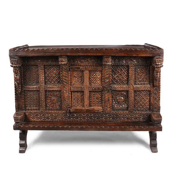 Carved Antique Teak Indian Dowry Chest Manjus - 19thC | Indigo Antiques