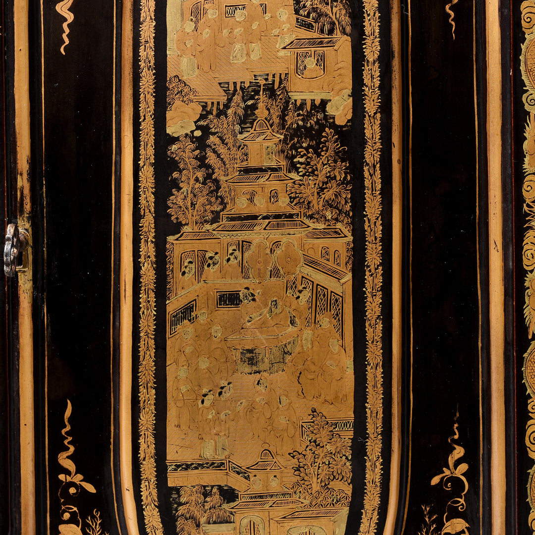 Artwork Detail From Gilt Black Lacquer Chinese Export Jewellery Cabinet - Early 19thC | Indigo Antiques