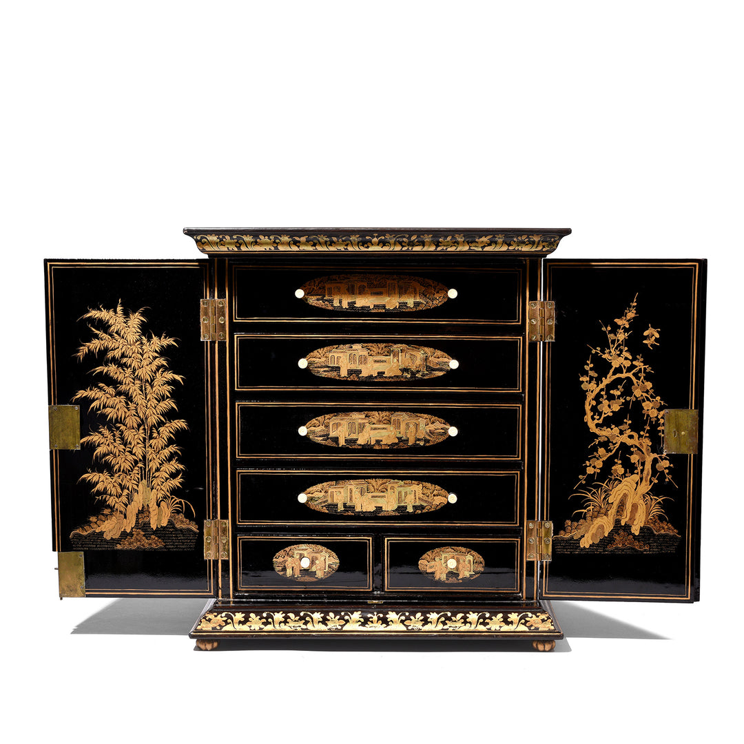 Open Doors View Of Gilt Black Lacquer Chinese Export Jewellery Cabinet - Early 19thC | Indigo Antiques