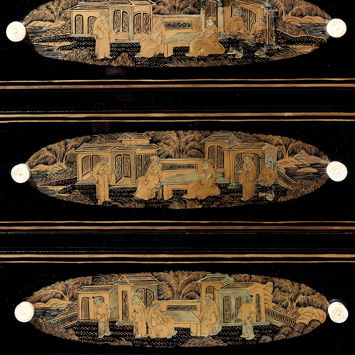 Artwork Detail From Gilt Black Lacquer Chinese Export Jewellery Cabinet - Early 19thC | Indigo Antiques