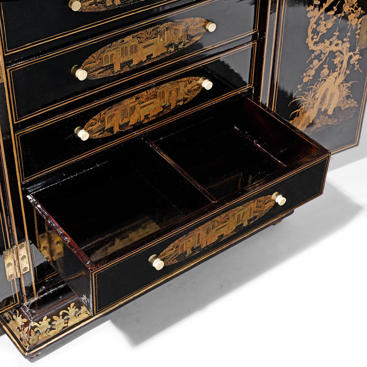 Drawer Interior From Gilt Black Lacquer Chinese Export Jewellery Cabinet - Early 19thC | Indigo Antiques
