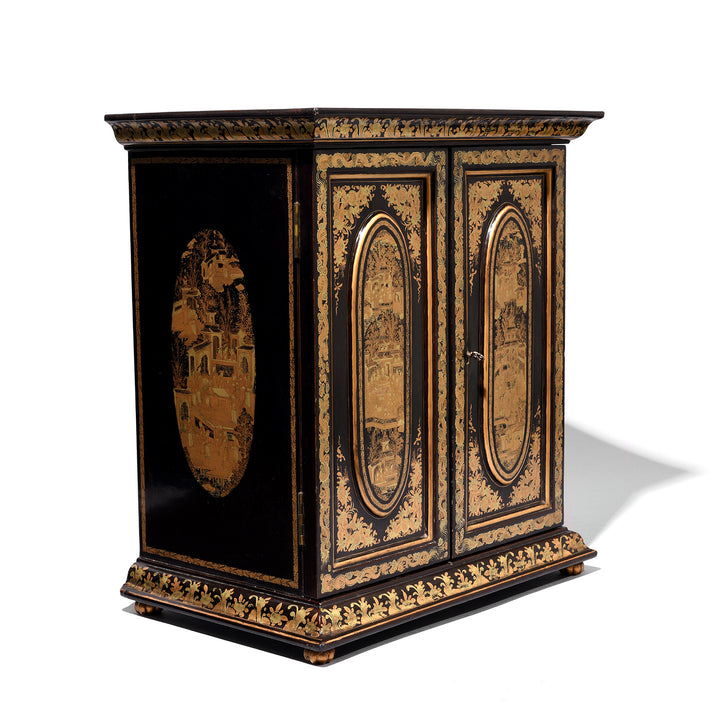 Angled View Of Gilt Black Lacquer Chinese Export Jewellery Cabinet - Early 19thC | Indigo Antiques