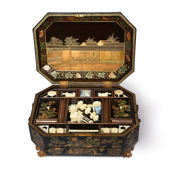 Open Lid View Of Chinoiserie Lacquer Sewing Box - Qing Dynasty Early 19thC | Indigo Antiques