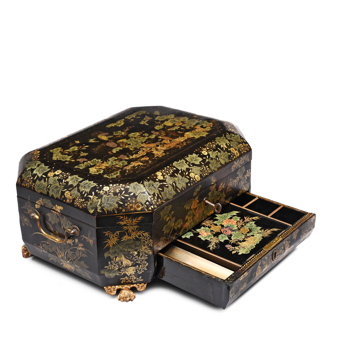 Angled View Of Chinoiserie Lacquer Sewing Box - Qing Dynasty Early 19thC | Indigo Antiques