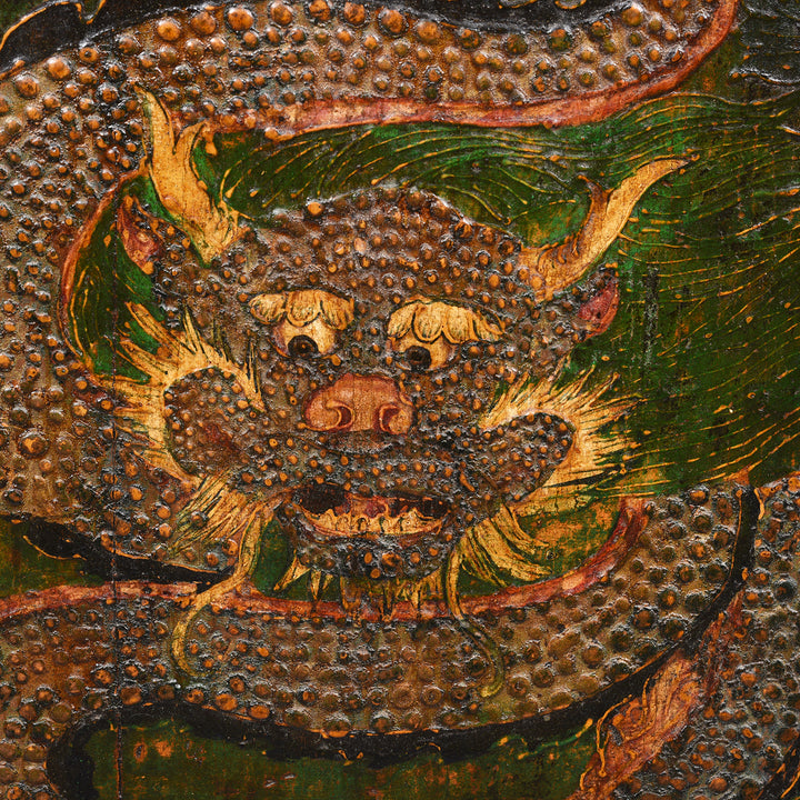 Dragon Face Detail From Painted Tibetan Altar Cabinet - 18thC | Indigo Antiques