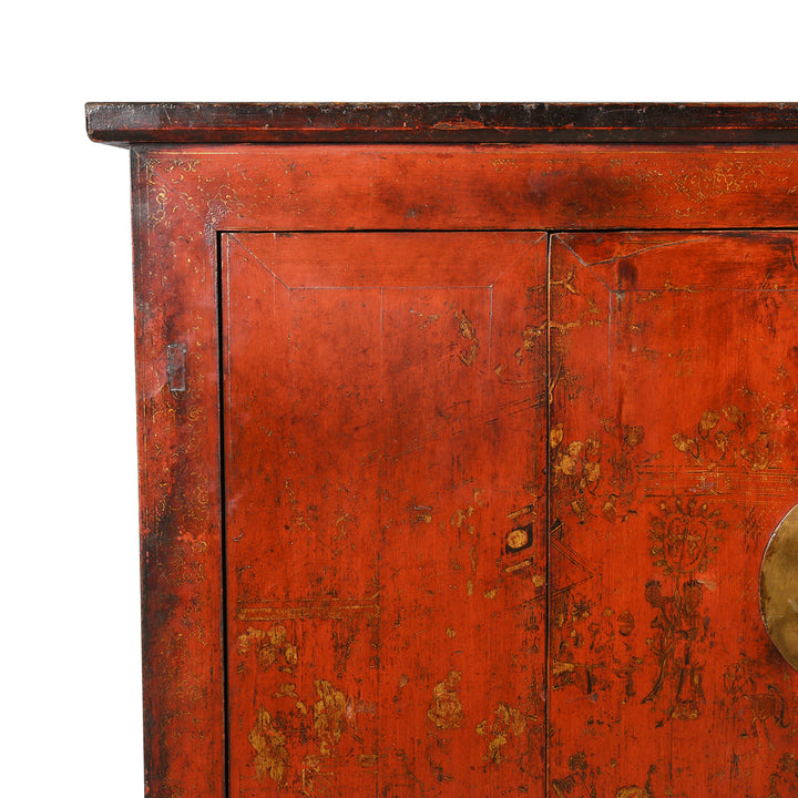 Corner Detail From Chinese Walnut Gilt Red Lacquer Cabinet From Gansu - 19thC | Indigo Antiques