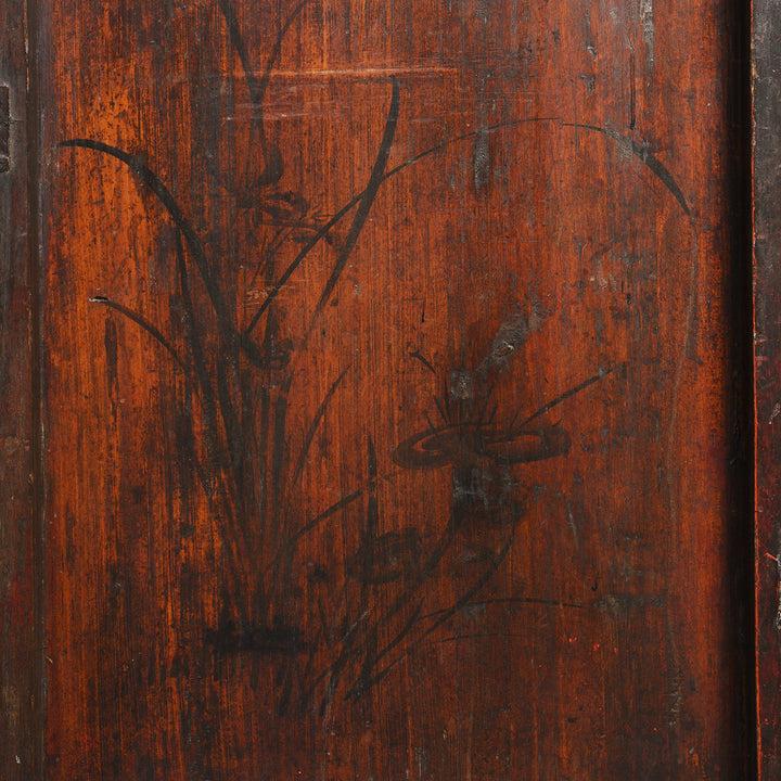 Side Painting On Chinese Walnut Gilt Red Lacquer Cabinet From Gansu - 19thC | Indigo Antiques