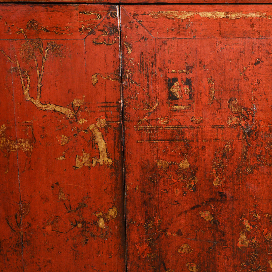 Gilt Detail From Chinese Walnut Gilt Red Lacquer Cabinet From Gansu - 19thC | Indigo Antiques