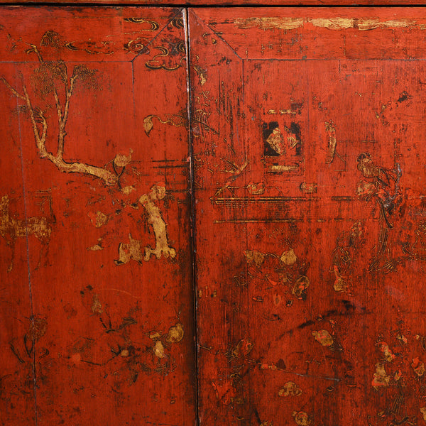 Chinese Gilt Red Lacquer Cabinet From Gansu - 19thC