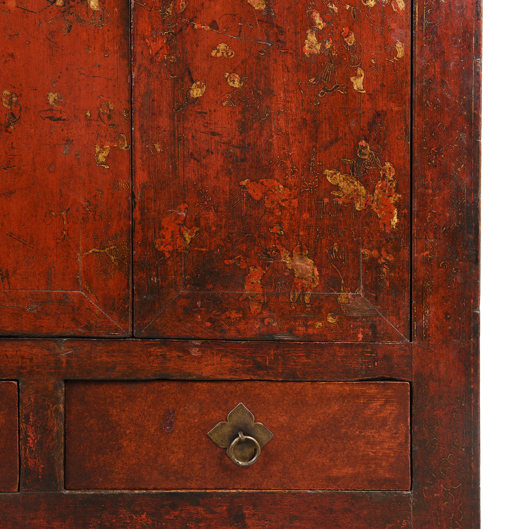 Gilt Detail From Chinese Walnut Gilt Red Lacquer Cabinet From Gansu - 19thC | Indigo Antiques