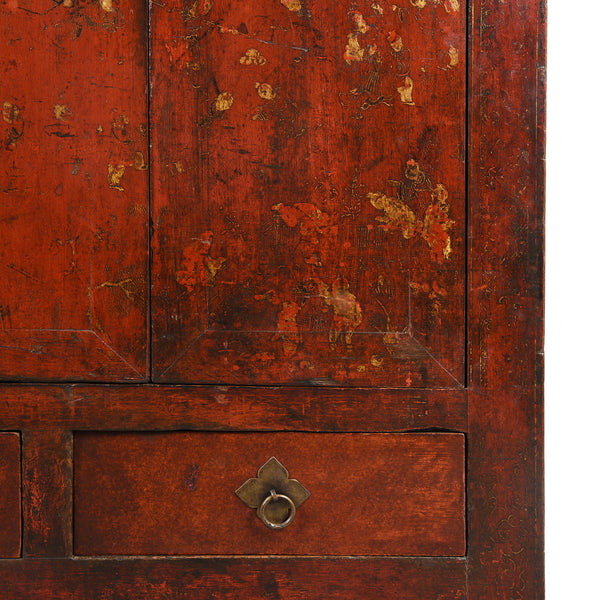 Chinese Gilt Red Lacquer Cabinet From Gansu - 19thC