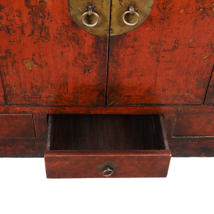 Drawer Interior Detail From Chinese Walnut Gilt Red Lacquer Cabinet From Gansu - 19thC | Indigo Antiques