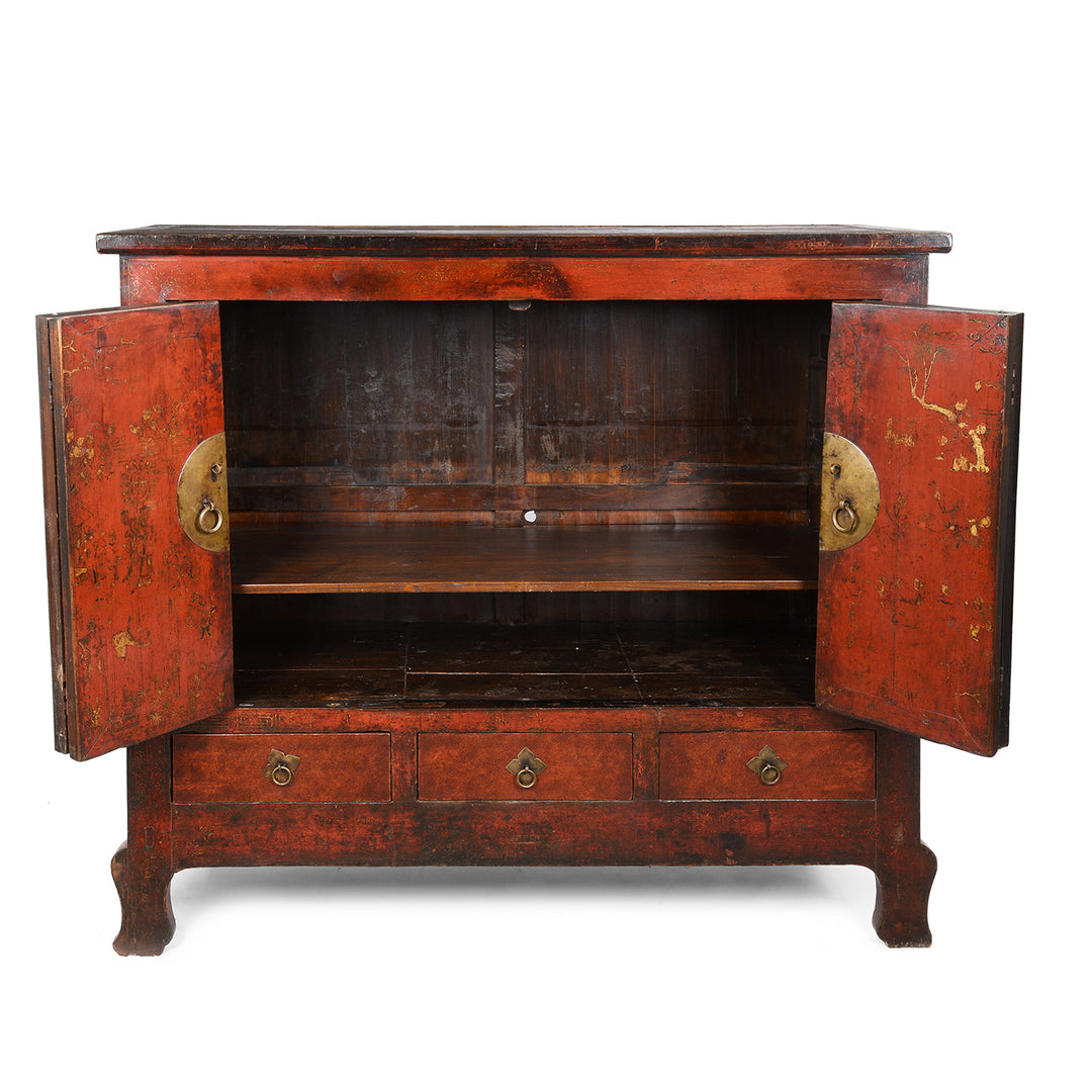 Interior Of Chinese Walnut Gilt Red Lacquer Cabinet From Gansu - 19thC | Indigo Antiques