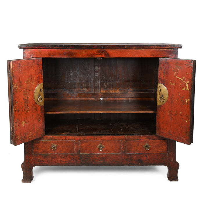 Interior Of Chinese Walnut Gilt Red Lacquer Cabinet From Gansu - 19thC | Indigo Antiques