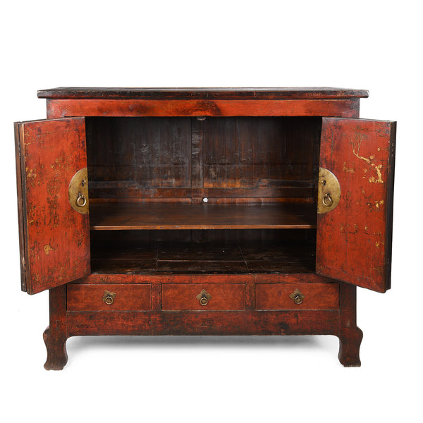 Chinese Gilt Red Lacquer Cabinet From Gansu - 19thC
