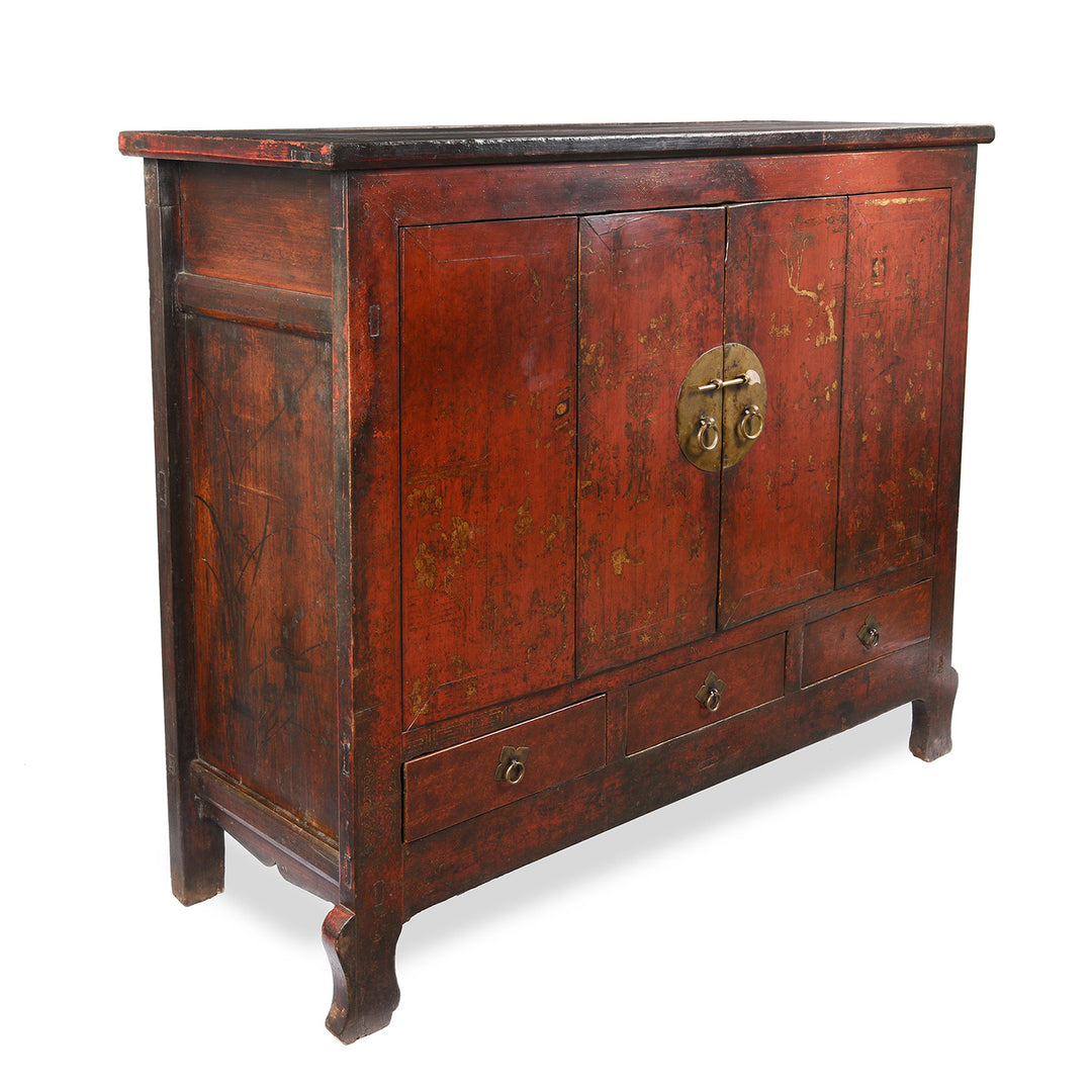 Angled View Of Chinese Walnut Gilt Red Lacquer Cabinet From Gansu - 19thC | Indigo Antiques